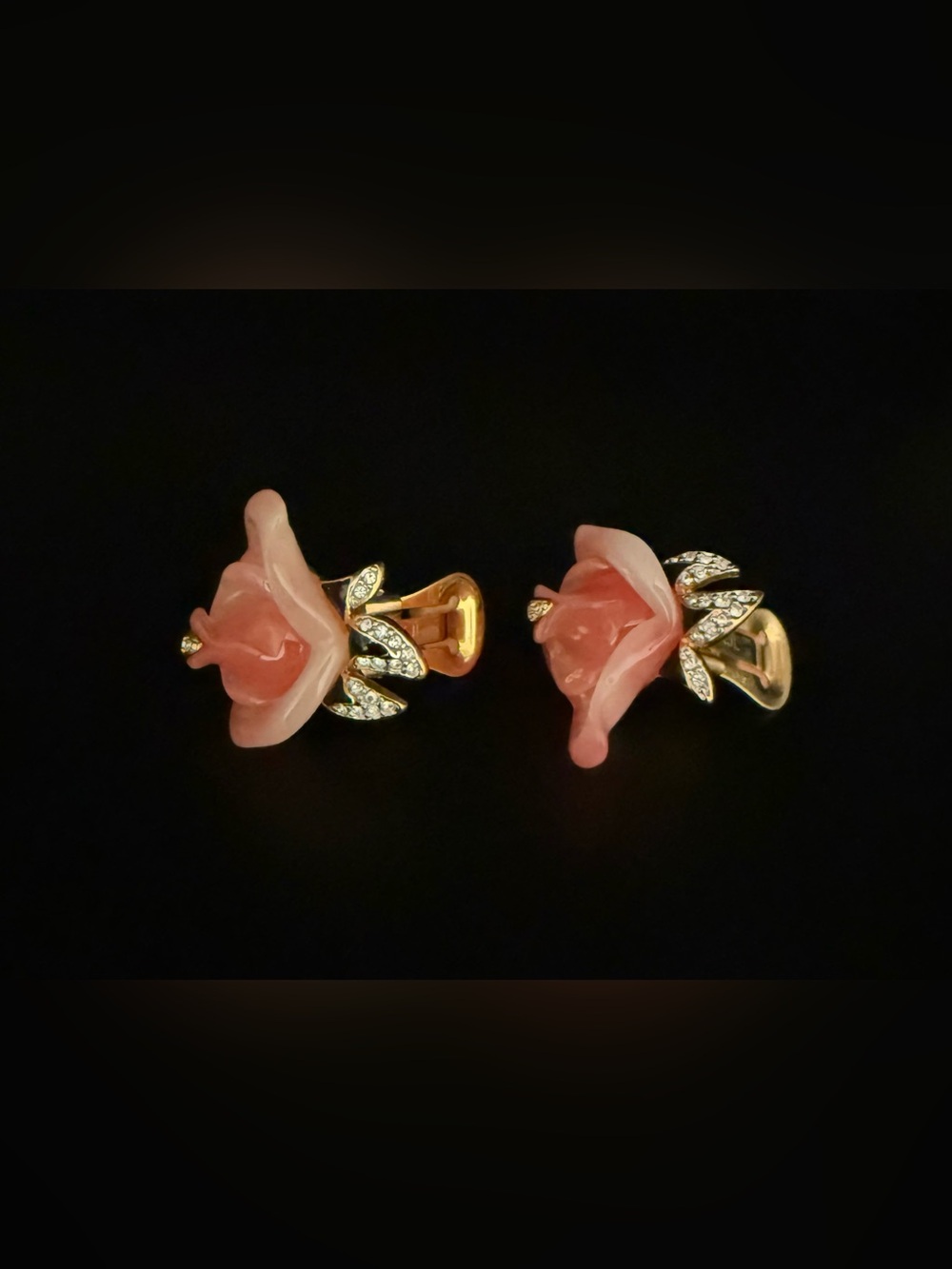Kenneth Jay Lane Acrylic Peach Rosebud Earrings-Crystal Embellished Black Leaves - Picture 2 of 5